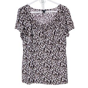 East 5th Peasant Blouse XL Womens Leopard Print White Brown Short Sleeve